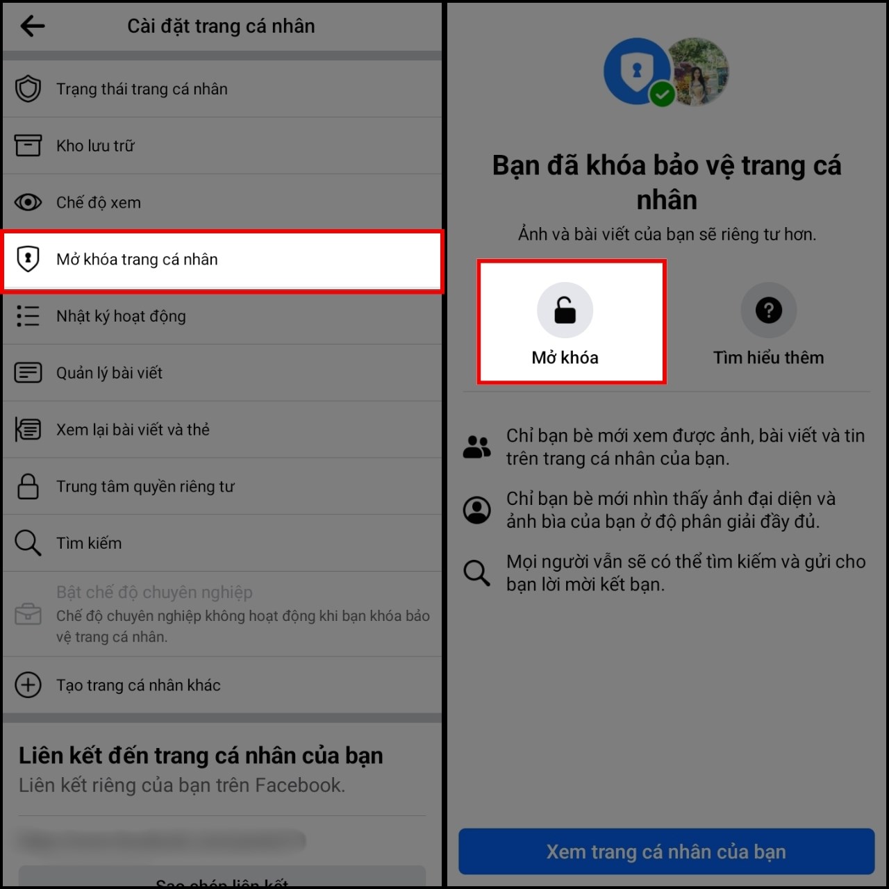 chọn tùy chọn “Mở khóa trang cá nhân”